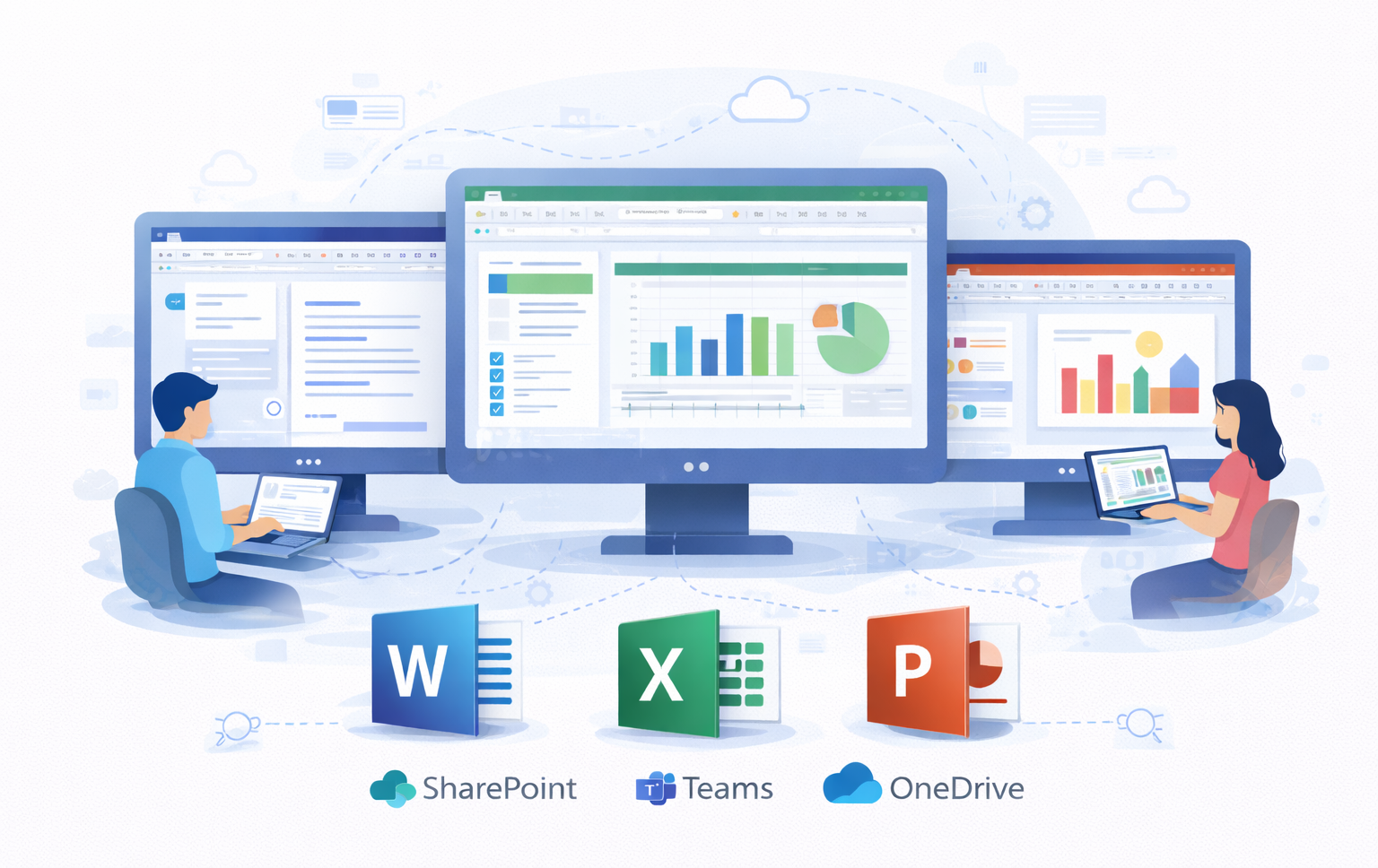 Ilustrasi aplikasi Office Desktop Word, Excel, dan PowerPoint