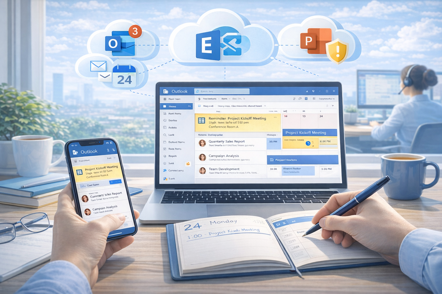 Ilustrasi email dan kalender bisnis menggunakan Exchange Online di Microsoft 365