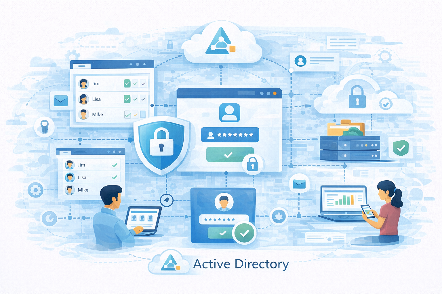 Ilustrasi integrasi Active Directory untuk mengelola akun karyawan secara terpusat