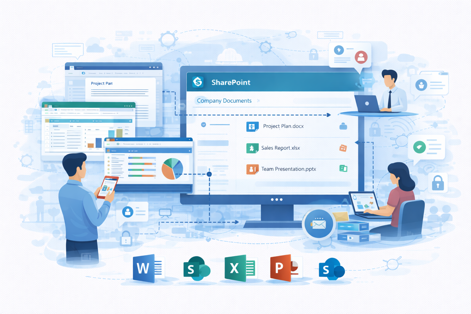 Ilustrasi integrasi aplikasi Office dan SharePoint untuk penyimpanan dokumen terpusat