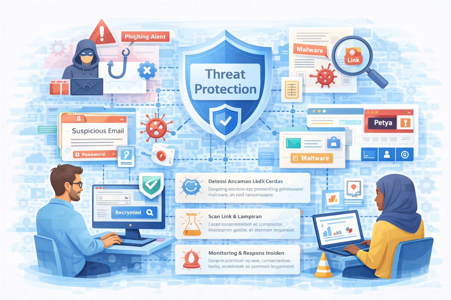 Ilustrasi perlindungan ancaman tingkat lanjut terhadap phishing, malware, dan tautan berbahaya