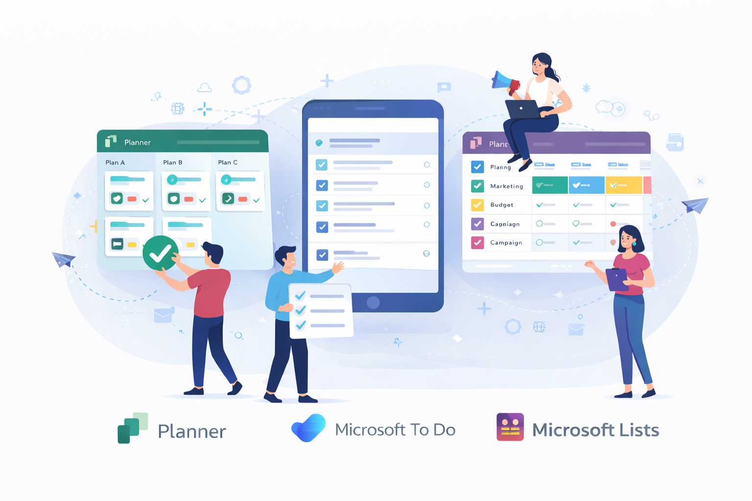 Ilustrasi manajemen pekerjaan dengan Microsoft Planner, To Do, dan Lists