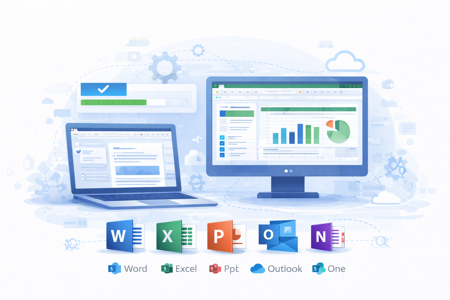 Ilustrasi aplikasi Office Desktop Word, Excel, dan PowerPoint