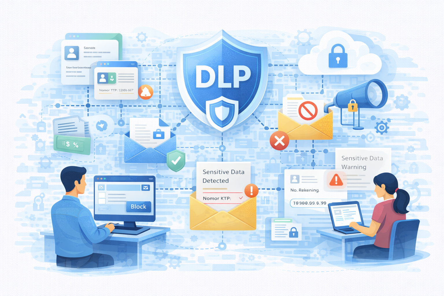 Ilustrasi pencegahan kehilangan data (DLP) untuk melindungi informasi sensitif