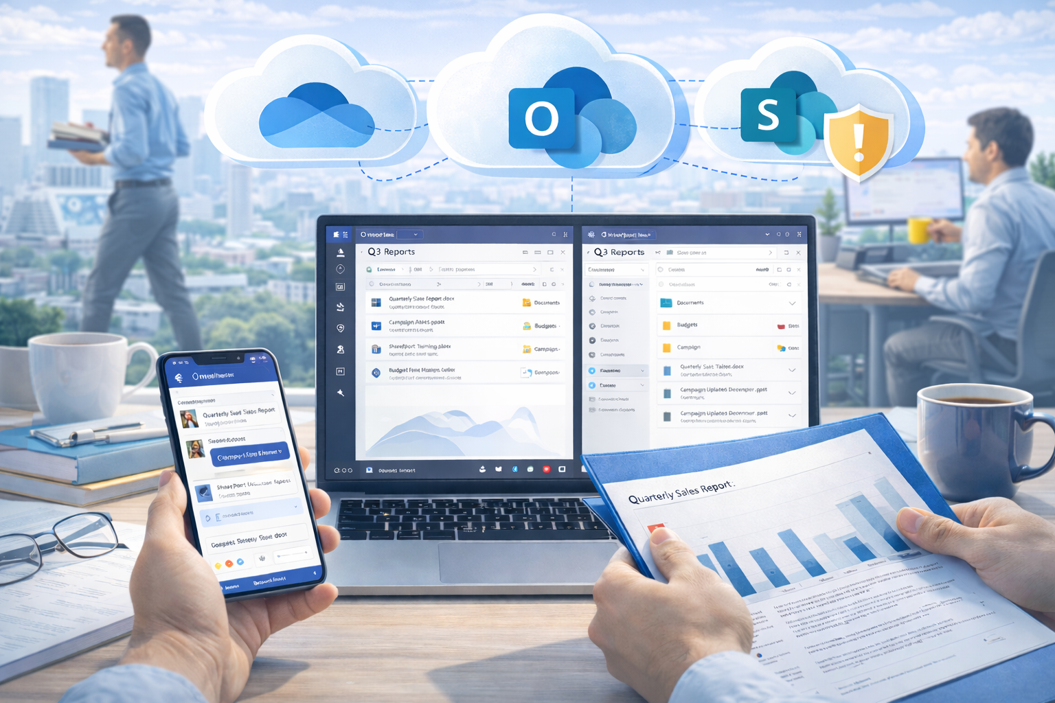 Ilustrasi penyimpanan cloud dan kolaborasi file tim dengan OneDrive dan SharePoint