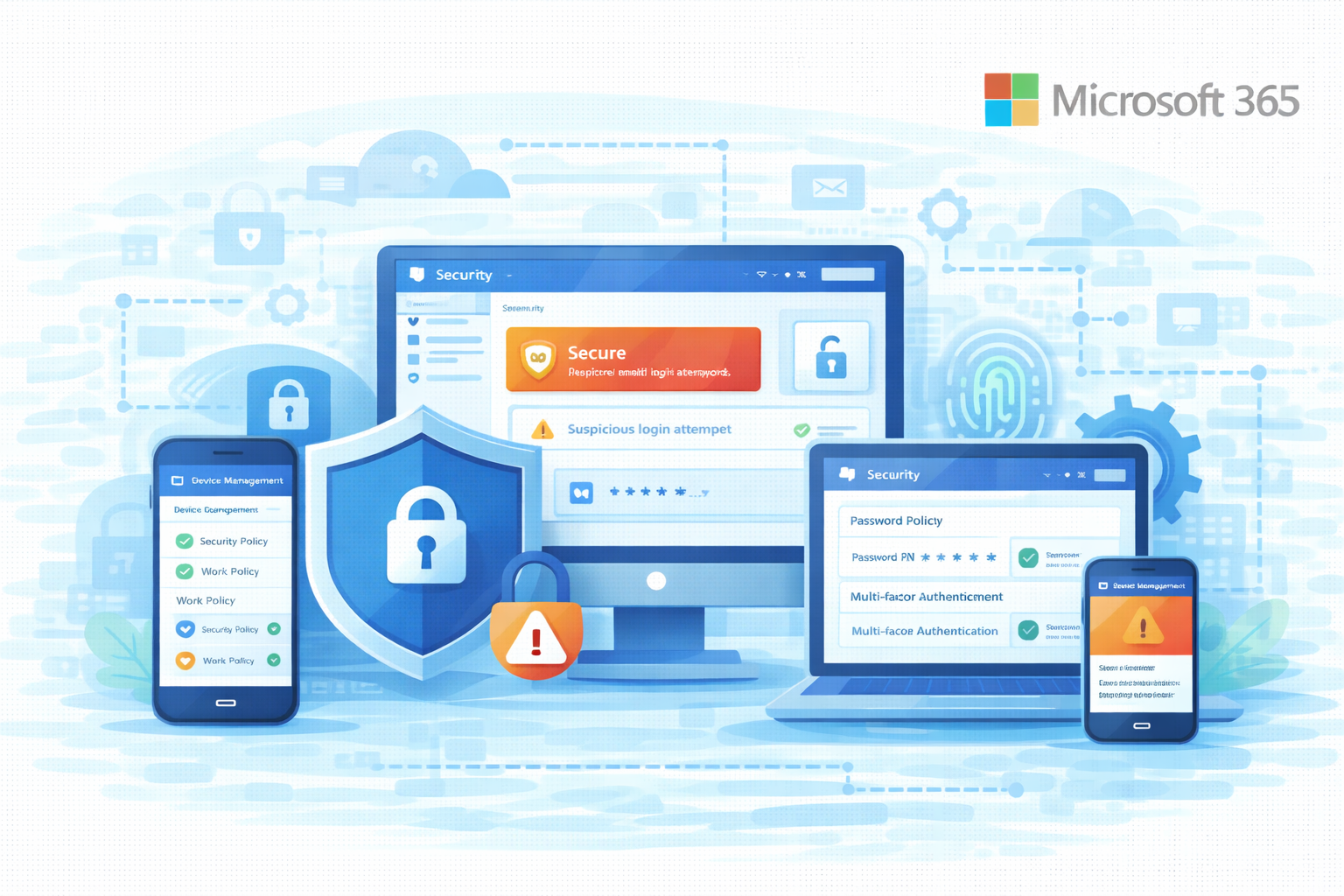 Ilustrasi fitur keamanan tingkat lanjut Microsoft 365 untuk pengelolaan dan keamanan perangkat kerja