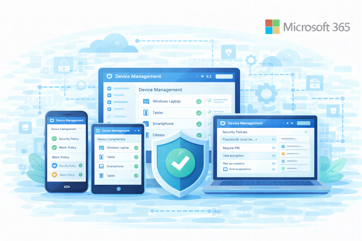 Ilustrasi manajemen perangkat Microsoft 365 untuk pengelolaan dan keamanan perangkat kerja