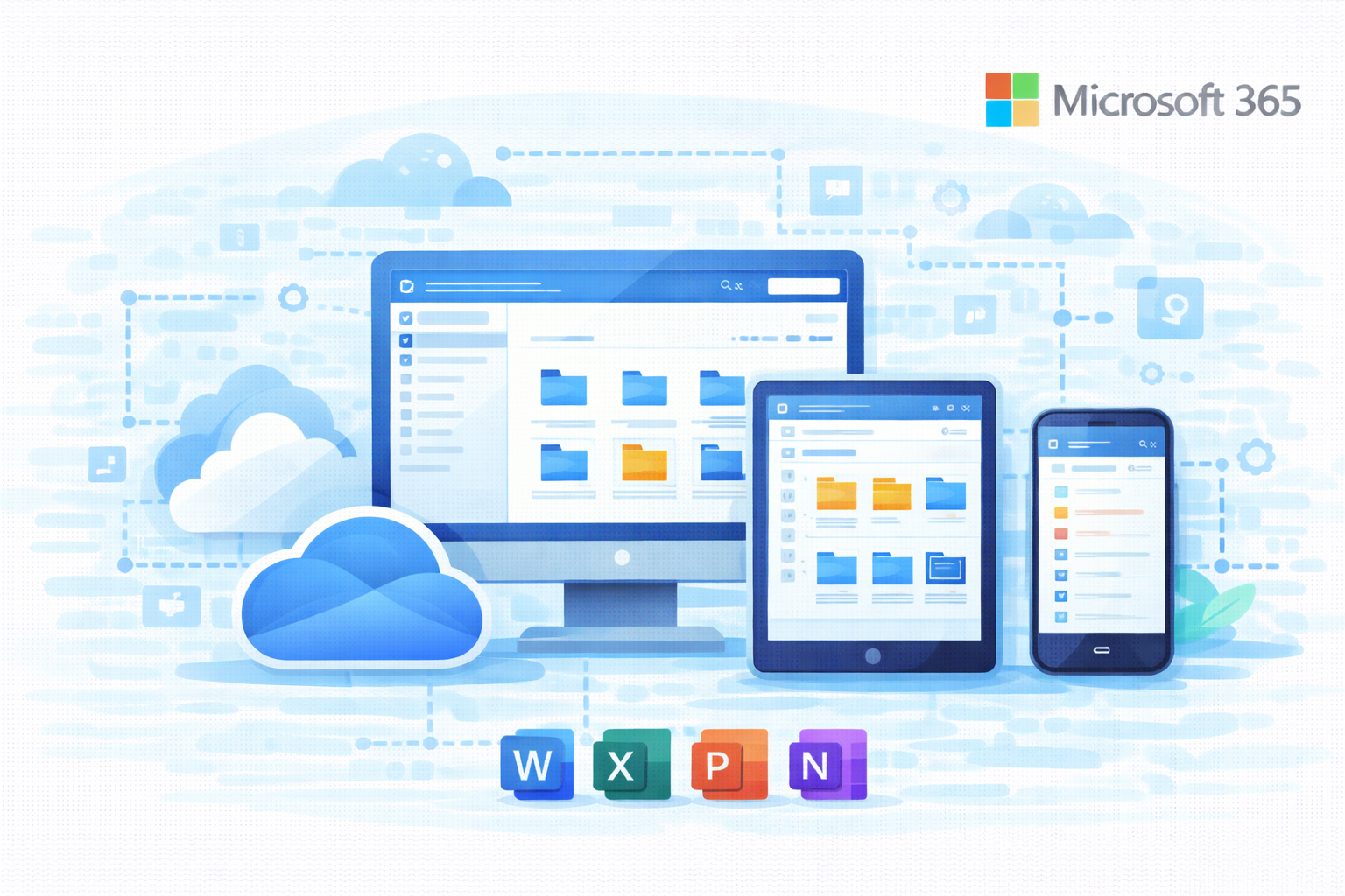 Ilustrasi layanan OneDrive Microsoft 365 yang dapat diakses melalui web, desktop, dan perangkat mobile