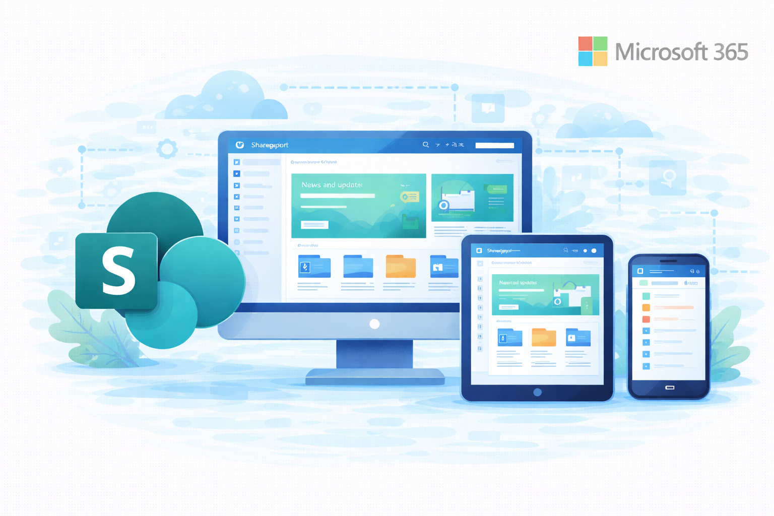 Ilustrasi layanan SharePoint Microsoft 365 yang dapat diakses melalui web, desktop, dan perangkat mobile